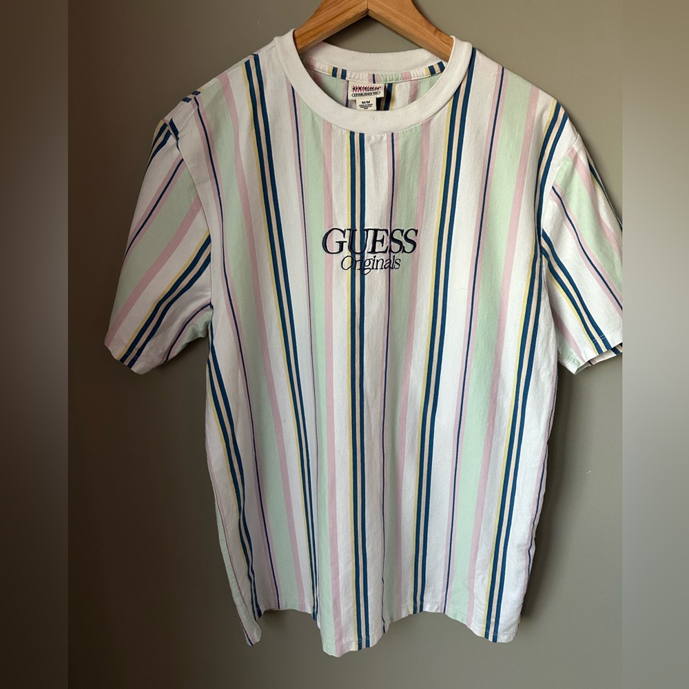 Guess Men's Striped Tee - Pink, Blue, Green Size Medium Vintage Style